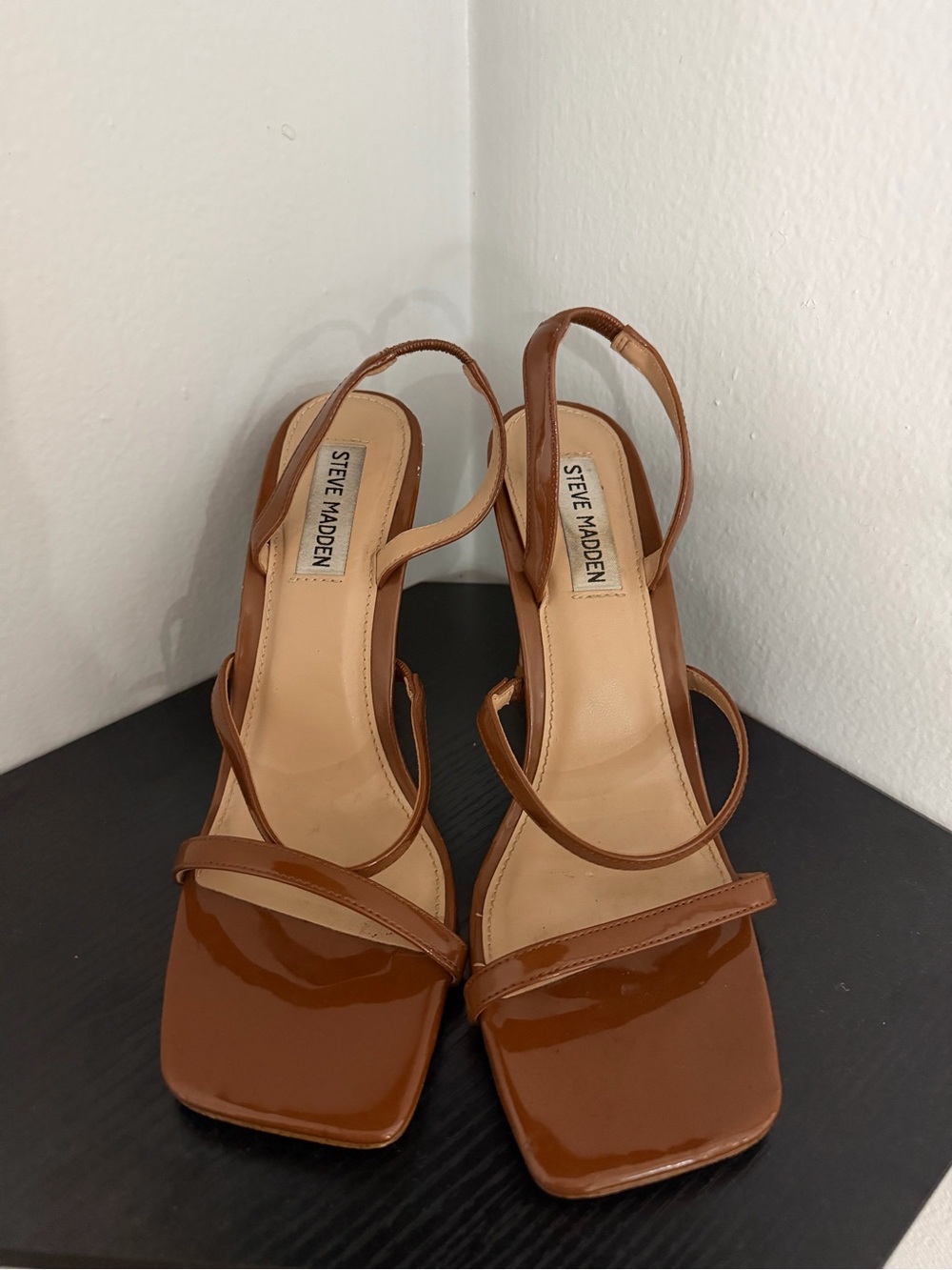 Steve Madden Cognac Patent Strappy Square-Toe Heels